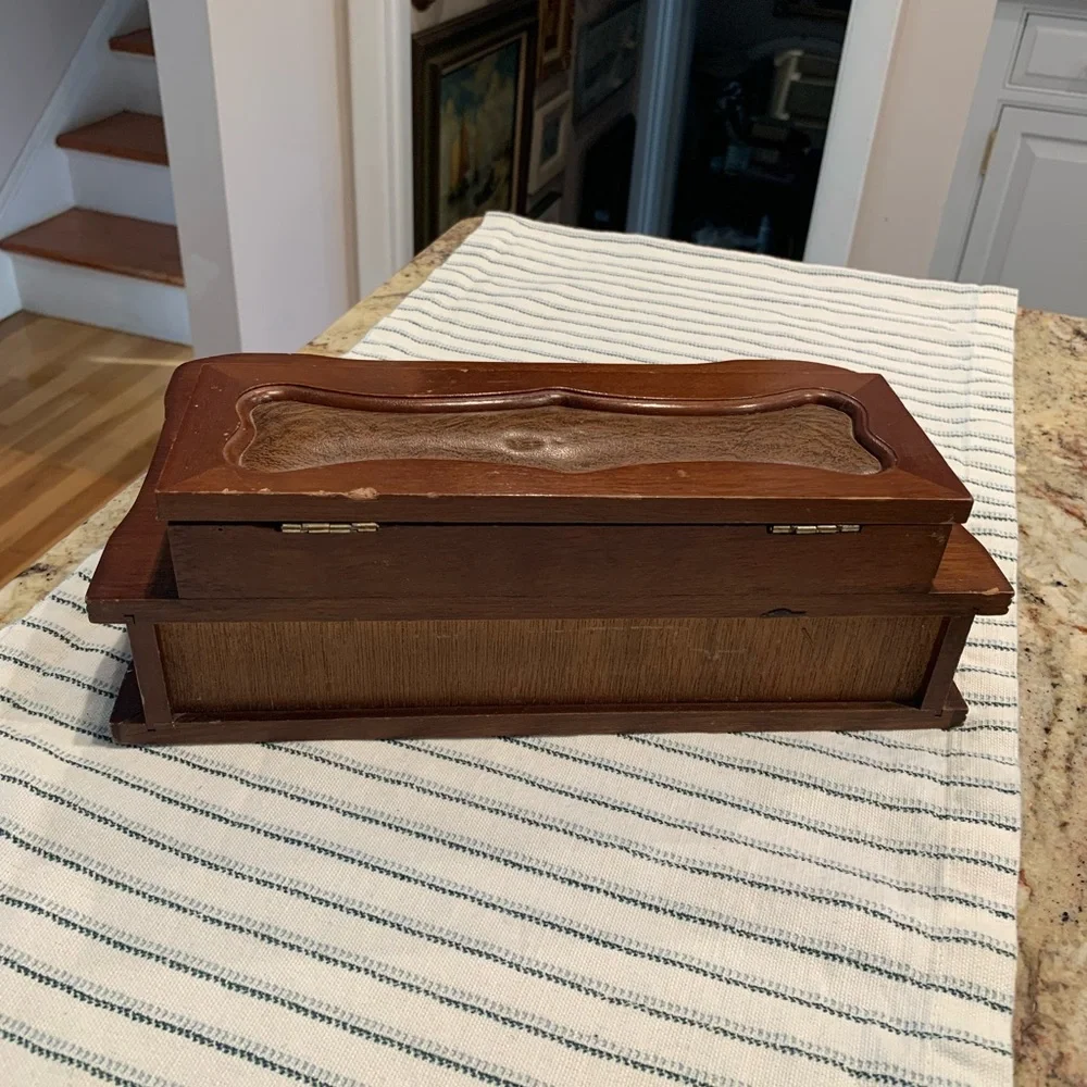 Vintage Solid Wood Leather Felt London 2-tiered Dresser Top Jewelry Box
